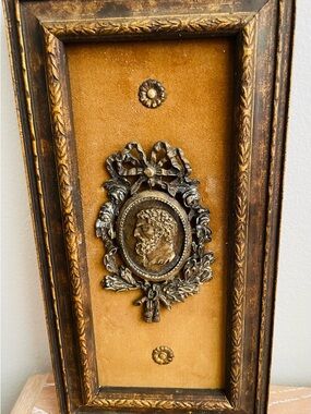Vintage-metal profile portrait plaque-Roman style-leaf garland-bow-wood frame